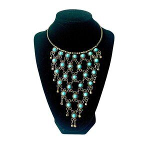 Choker Necklace with Turquois Color Cabochon Stones Chain Mail Mesh